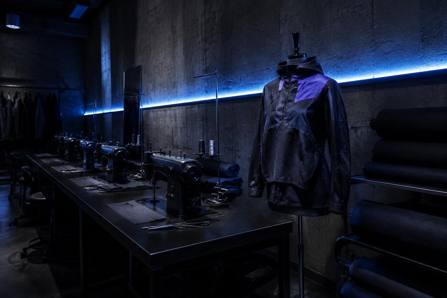 Werkbank im MELDIX Studio mit Industrie-Naehmaschinen und Stoffballen