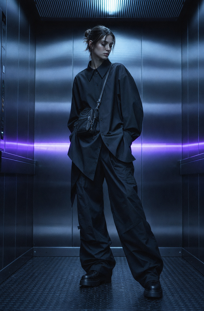 Modell in oversized Overshirt im Lastenaufzug, kaltes Industrielicht