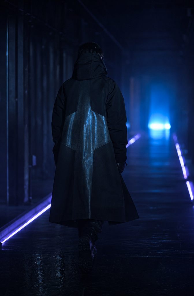 Rueckansicht eines Modells in langem Parka, violette Bodenleuchten