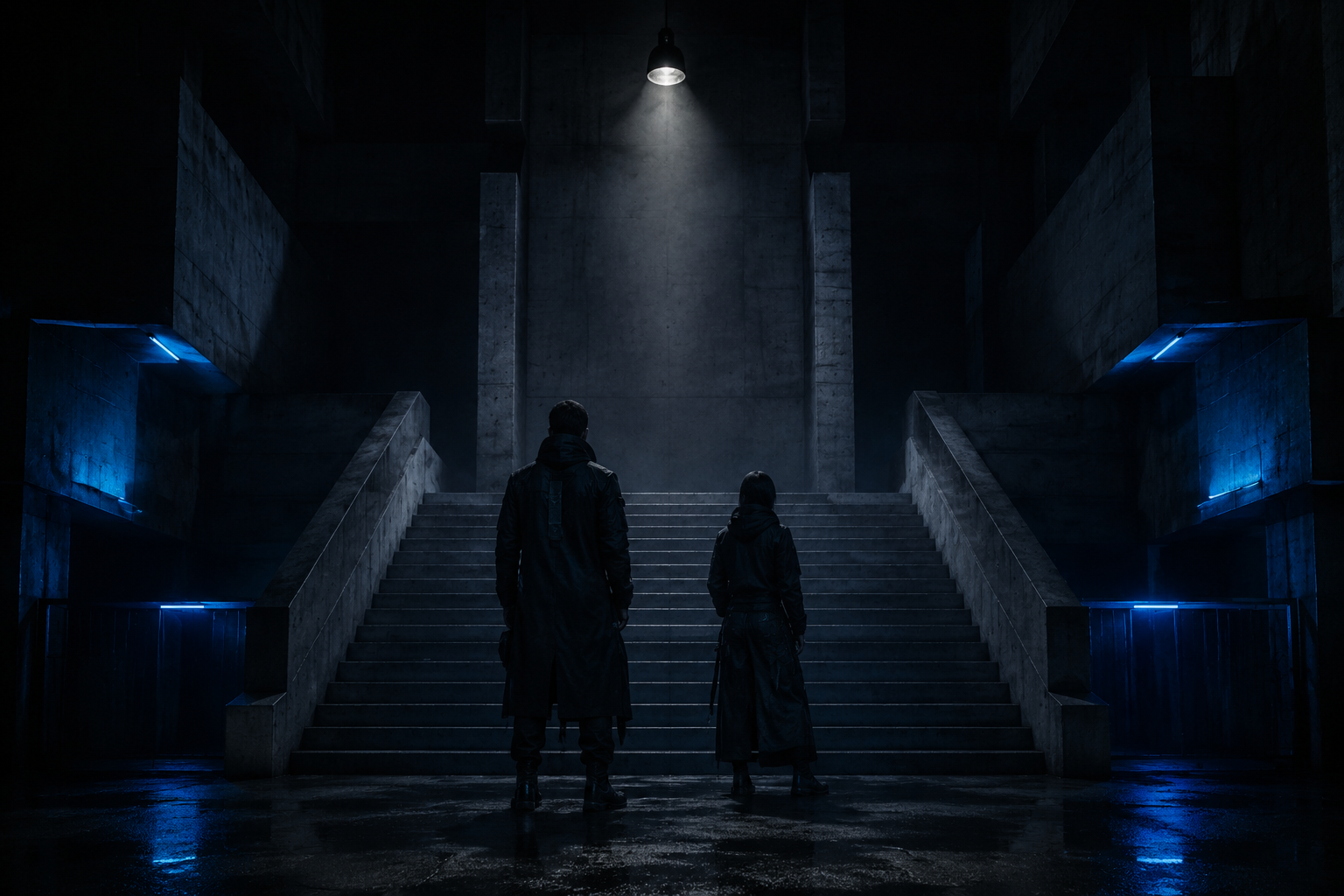Zwei Modelle in techwear vor Treppenhaus
